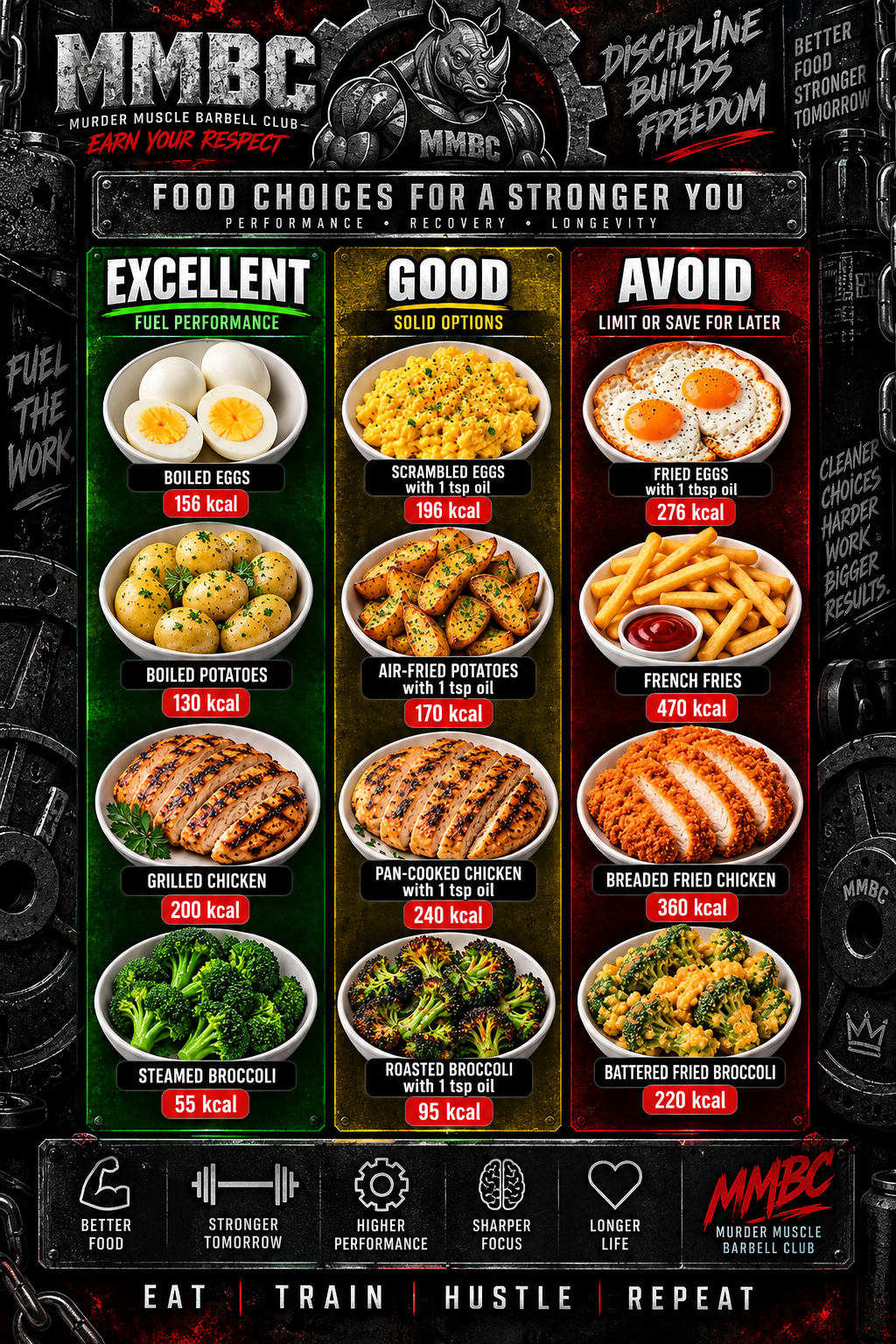 MMBC food choices guide: excellent, good, and avoid options for eggs, potatoes, chicken, and broccoli with calorie breakdowns